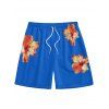 Vacation Couple Outfit Tropical Flower Print Spaghetti Strap V Neck A Line Dress and Roll Up Sleeve Drawstrings Shorts Matching Outfit - Bleu profond S | US 4
