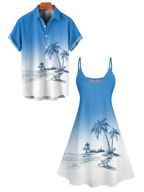 Hawaii Ombre Coconut Tree Print V Neck High Waist Spaghetti Strap Dress and Roll Up Sleeve Shirt Outfit