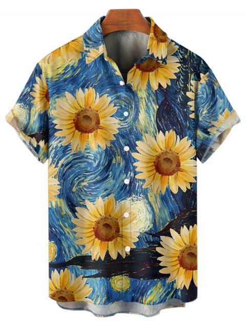 Men's Van Gogh Sunflower Print Roll Up Sleeve Shirt Button Up Short Sleeve Casual Gentleman Shirt