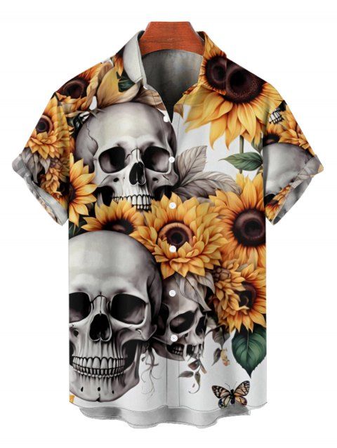 Men's Skull Sunflower Print Roll Up Sleeve Shirt Button Up Short Sleeve Casual Shirt