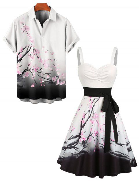 Robe Trapèze Longue Imprimée Florale à Col en Coeur et Ceinture