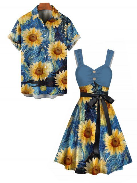 Robe Trapèze Longue Imprimé Tournesol avec Boutons pour Femme