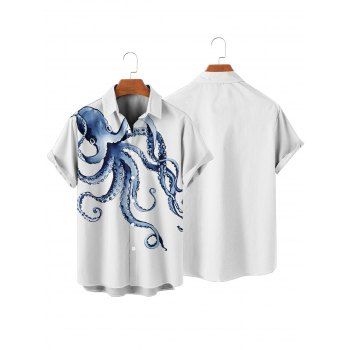 Men's Octopus Print Roll Up Sleeve Shirt Button Up Short Sleeve Casual Shirt