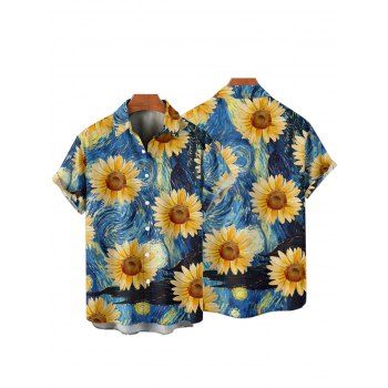 Van Gogh Sunflower Print Women's Sweetheart Neck Mock Button Dress and Men's Button Up Shirt Hawaii Outfit