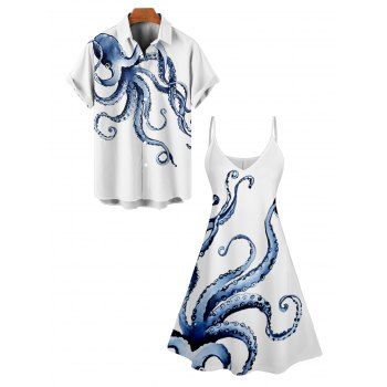 Octopus Print V Neck High Waist Spaghetti Strap Dress and Roll Up Sleeve Shirt Hawaii Outfit
