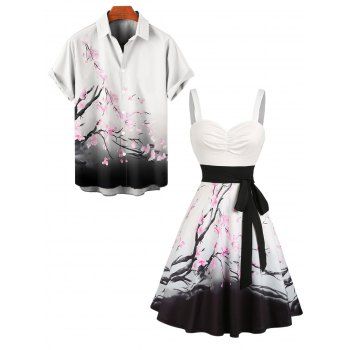 Floral Print Women's Sweetheart Neck Ruched Bust Belt Dress and Men's Button Up Shirt Hawaii Outfit