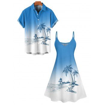 Hawaii Ombre Coconut Tree Print V Neck High Waist Spaghetti Strap Dress and Roll Up Sleeve Shirt Outfit