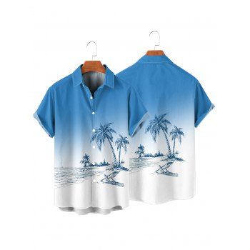 Hawaii Ombre Coconut Tree Print V Neck High Waist Spaghetti Strap Dress and Roll Up Sleeve Shirt Outfit