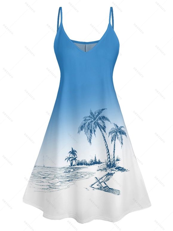 Robe de Plage Ligne A Ombré Cocotier Imprimé à Bretelle Fine sans Manches - Bleu clair L | US 8-10