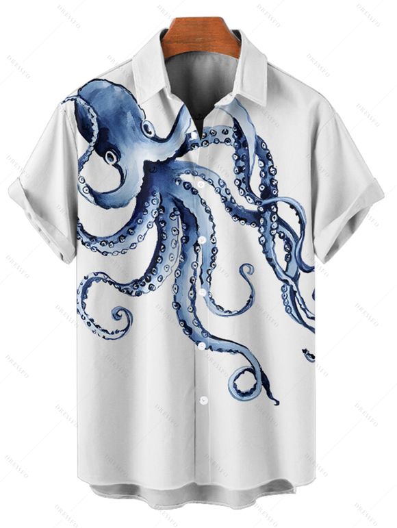 Chemise Décontractée Pieuvre Imprimée Boutonnée à Manches Courtes - Blanc XL