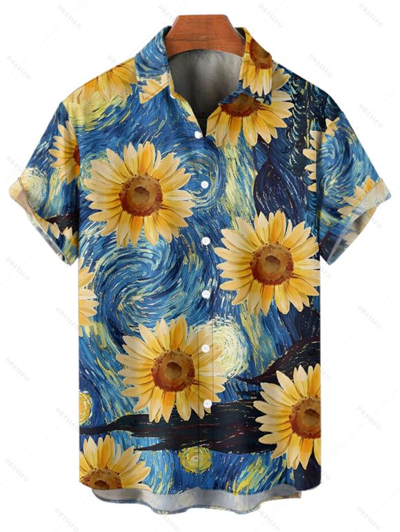Chemise Décontractée Chaussette de Blouson Feuille Tropicale Imprimée Boutonnée à Manches Courtes pour Homme - Bleu S
