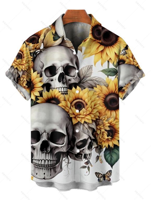 Chemise Décontractée Manches Courtes à Imprimé Tournesols et Crâne pour Hommes - multicolor A L
