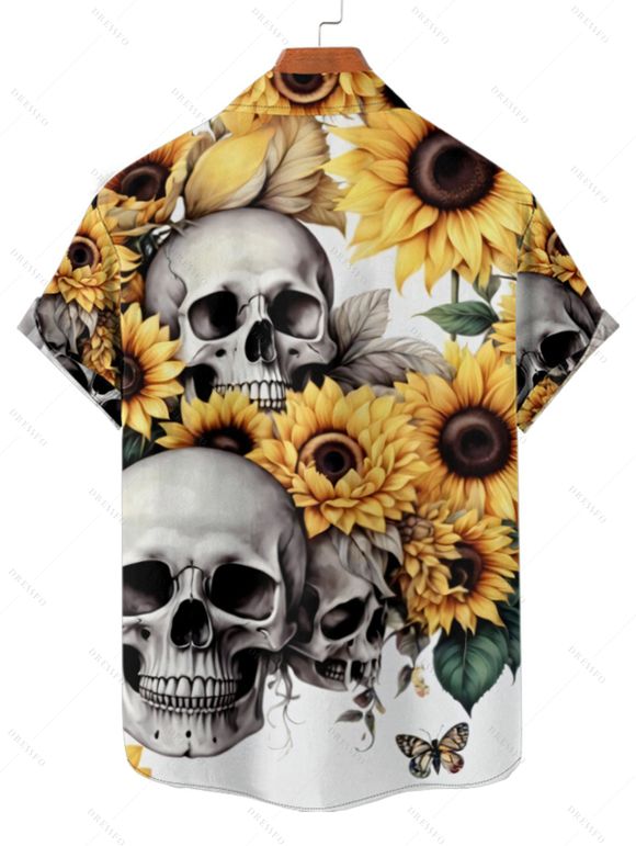 Chemise Décontractée Manches Courtes à Imprimé Tournesols et Crâne pour Hommes - multicolor A L
