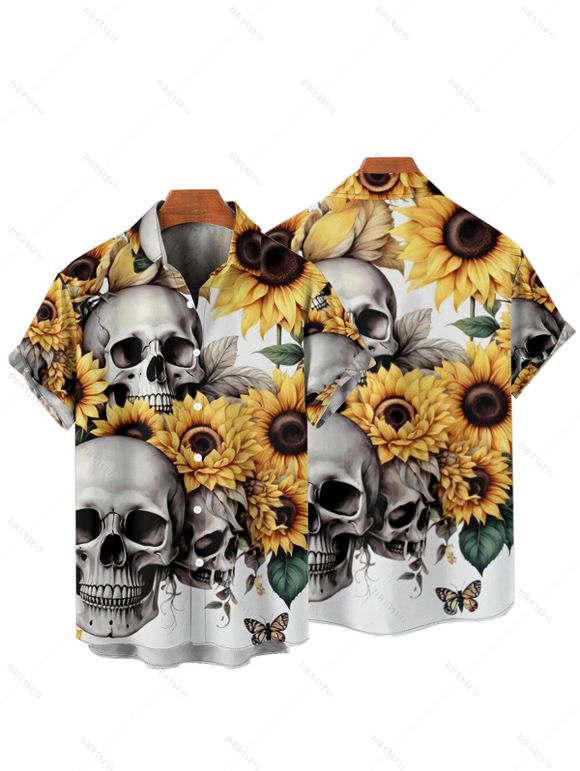 Chemise Décontractée Manches Courtes à Imprimé Tournesols et Crâne pour Hommes - multicolor A L
