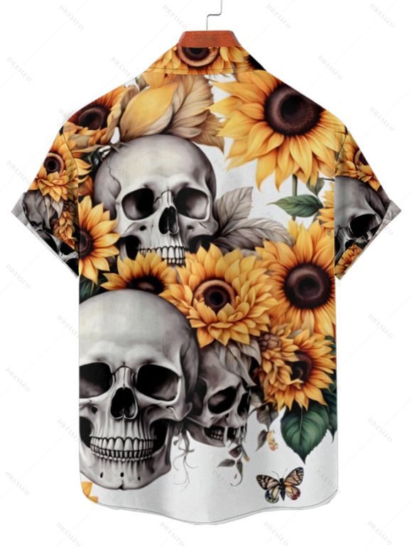 Chemise Décontractée Manches Courtes à Imprimé Tournesols et Crâne pour Hommes - multicolor A S