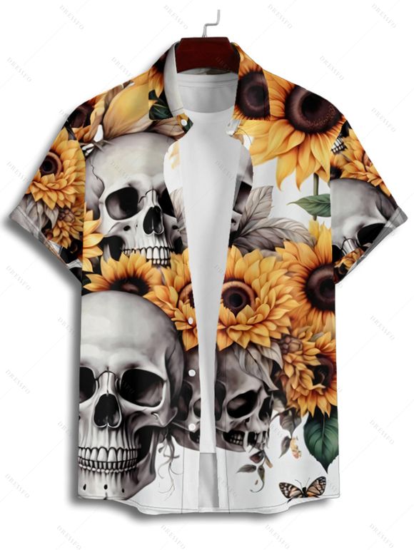 Chemise Décontractée Manches Courtes à Imprimé Tournesols et Crâne pour Hommes - multicolor A S