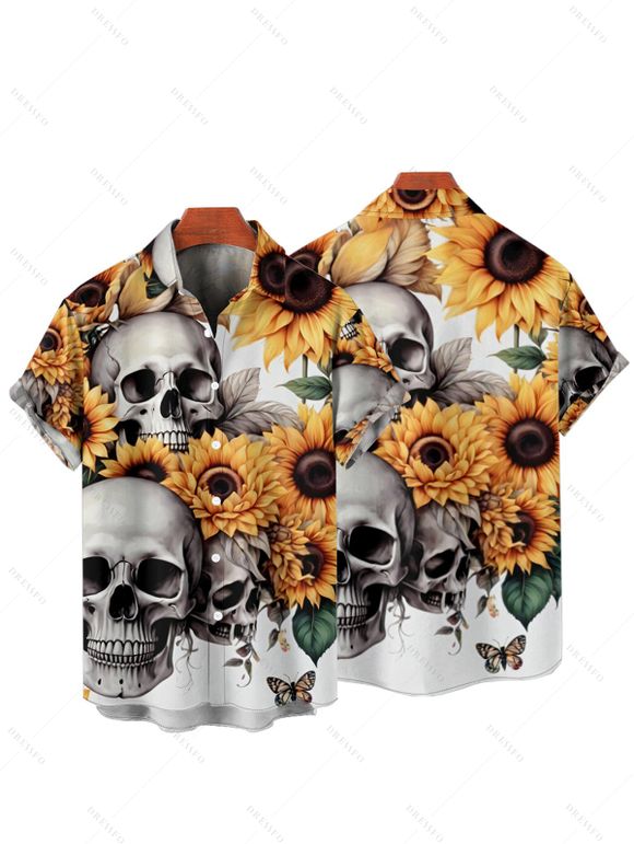 Chemise Décontractée Manches Courtes à Imprimé Tournesols et Crâne pour Hommes - multicolor A S