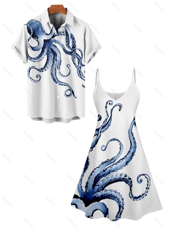 Robe Trapèze à Col en V à Taille Haute et à Bretelles Spaghetti avec Imprimé Pieuvre - Blanc S | US 4