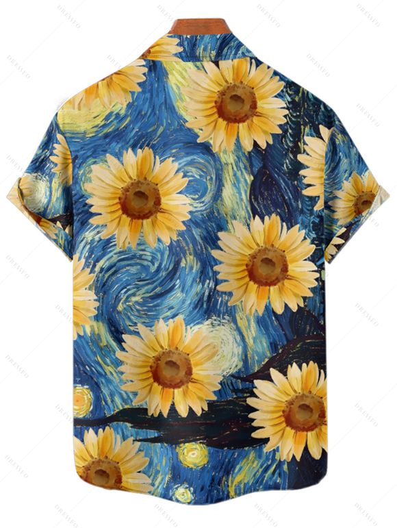 Robe Trapèze Longue Imprimé Tournesol avec Boutons pour Femme - Bleu Ciel S | US 4