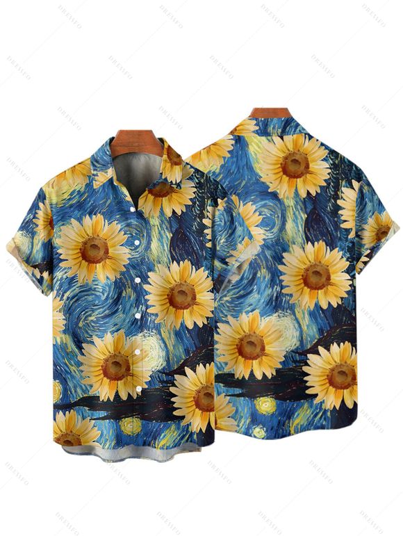 Robe Trapèze Longue Imprimé Tournesol avec Boutons pour Femme - Bleu Ciel S | US 4