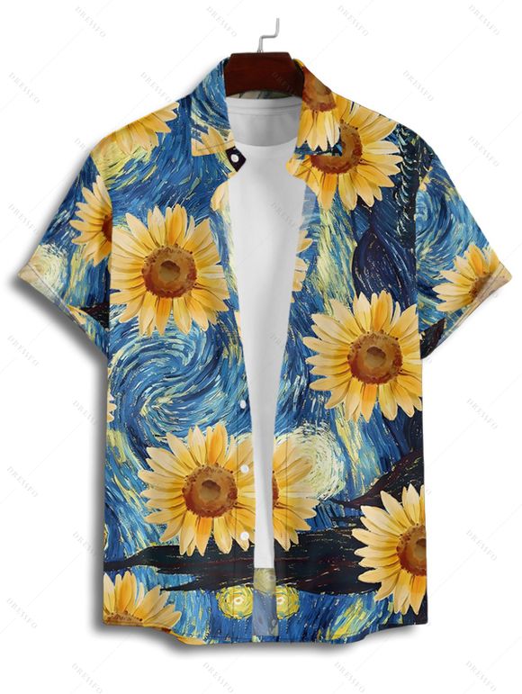 Robe Trapèze Longue Imprimé Tournesol avec Boutons pour Femme - Bleu Ciel S | US 4