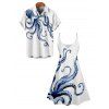 Octopus Print V Neck High Waist Spaghetti Strap Dress and Roll Up Sleeve Shirt Hawaii Outfit