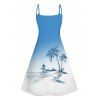 Hawaii Ombre Coconut Tree Print V Neck High Waist Spaghetti Strap Dress and Roll Up Sleeve Shirt Outfit - Bleu clair S | US 4