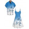 Hawaii Ombre Coconut Tree Print V Neck High Waist Spaghetti Strap Dress and Roll Up Sleeve Shirt Outfit - Bleu clair S | US 4