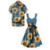 Robe Trapèze Longue Imprimé Tournesol avec Boutons pour Femme - Bleu Ciel S | US 4