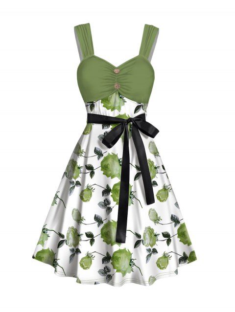 Mini Robe de Vacances Ligne A Motif de Rose à Taille Empire