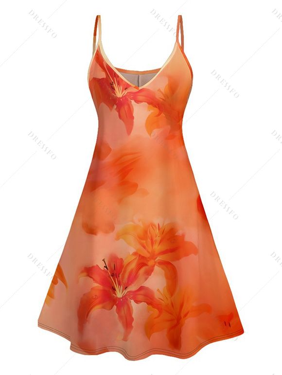 Vacation Couple Outfit Ombre Hibiscus Floral Print Spaghetti Strap V Neck A Line Mini Tank Dress and Roll Up Sleeve Shirt Matching Outfit - Orange S | US 4