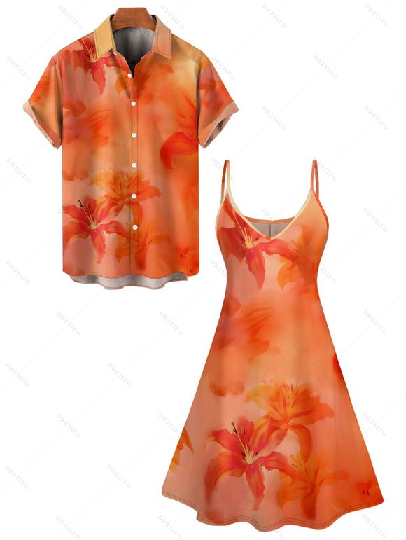 Vacation Couple Outfit Ombre Hibiscus Floral Print Spaghetti Strap V Neck A Line Mini Tank Dress and Roll Up Sleeve Shirt Matching Outfit - ORANGE S | US 4