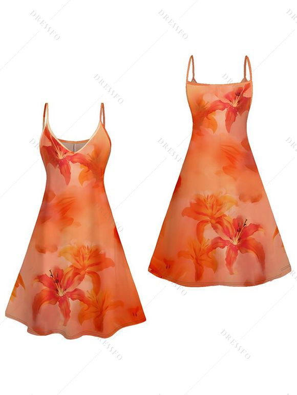 Vacation Couple Outfit Ombre Hibiscus Floral Print Spaghetti Strap V Neck A Line Mini Tank Dress and Roll Up Sleeve Shirt Matching Outfit - Orange S | US 4