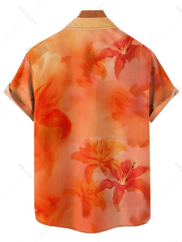 Vacation Couple Outfit Ombre Hibiscus Floral Print Spaghetti Strap V Neck A Line Mini Tank Dress and Roll Up Sleeve Shirt Matching Outfit - Orange S | US 4