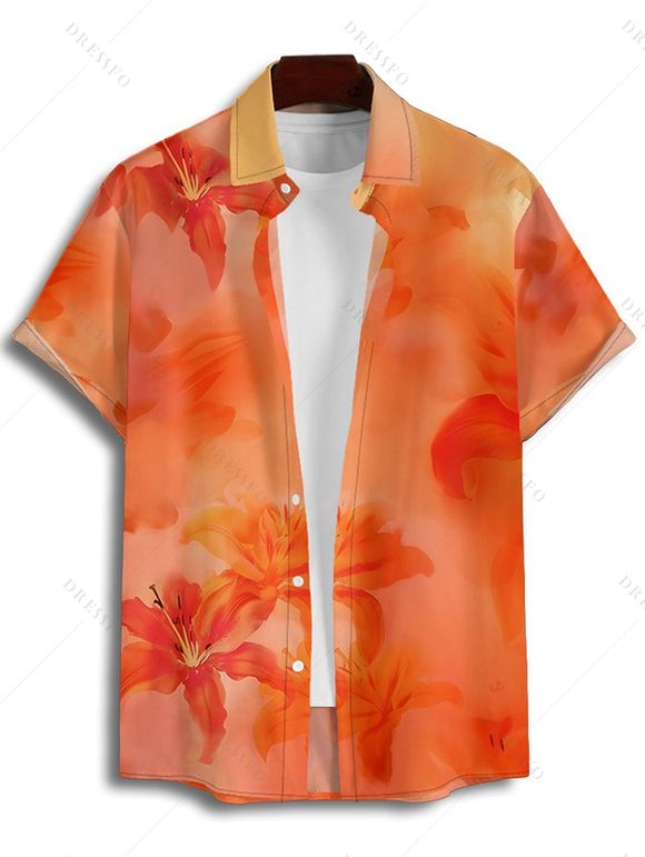 Vacation Couple Outfit Ombre Hibiscus Floral Print Spaghetti Strap V Neck A Line Mini Tank Dress and Roll Up Sleeve Shirt Matching Outfit - Orange S | US 4