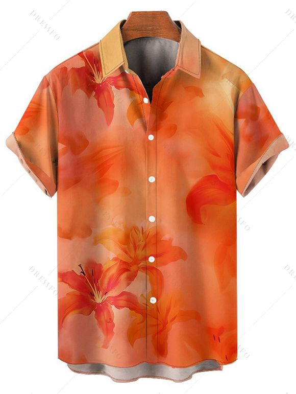 Vacation Couple Outfit Ombre Hibiscus Floral Print Spaghetti Strap V Neck A Line Mini Tank Dress and Roll Up Sleeve Shirt Matching Outfit - Orange S | US 4