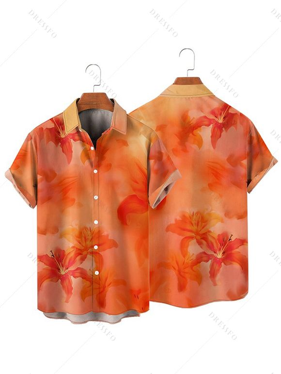 Vacation Couple Outfit Ombre Hibiscus Floral Print Spaghetti Strap V Neck A Line Mini Tank Dress and Roll Up Sleeve Shirt Matching Outfit - Orange S | US 4