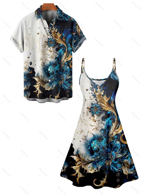 Abstract Print V Neck High Waist Spaghetti Strap Dress and Roll Up Sleeve Shirt Resort Hawaii Outfit - Bleu profond S | US 4