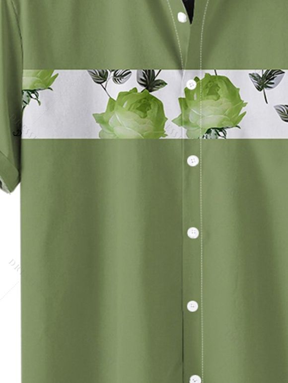 Chemise Décontractée de Vacances Motif de Rose Boutonnée à Manches Roulées pour Homme - Vert clair M