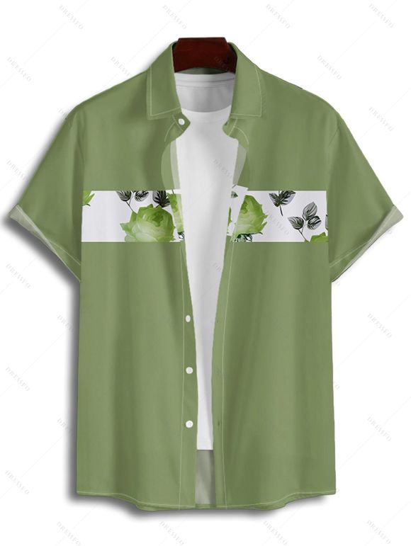 Chemise Décontractée de Vacances Motif de Rose Boutonnée à Manches Roulées pour Homme - Vert clair M