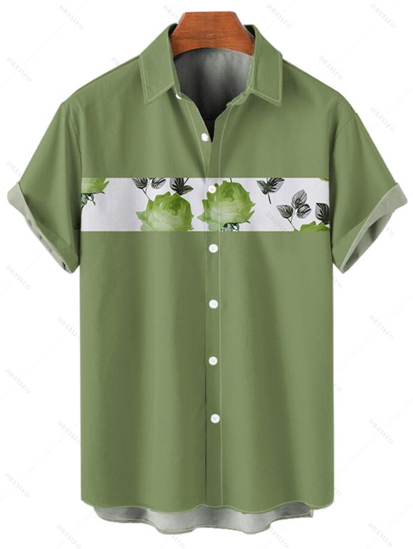 Chemise Décontractée de Vacances Motif de Rose Boutonnée à Manches Roulées pour Homme - Vert clair 4XL