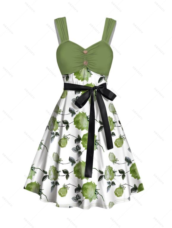 Vacation Couple Outfit Rose Leaf Pattern Mock Button Ruched Bust Empire Waist Belt A Line Mini Dress and Roll Up Sleeve Shirt Matching Outfit - Vert clair S | US 4