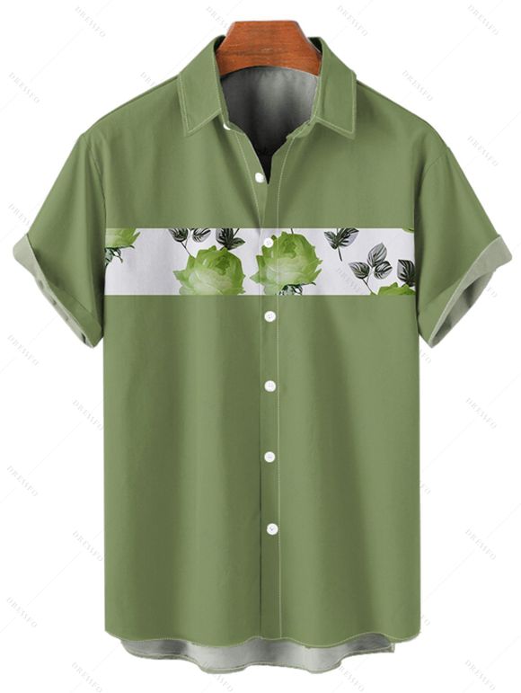 Vacation Couple Outfit Rose Leaf Pattern Mock Button Ruched Bust Empire Waist Belt A Line Mini Dress and Roll Up Sleeve Shirt Matching Outfit - Vert clair S | US 4