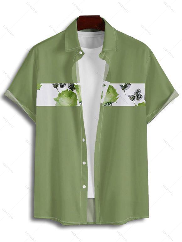 Vacation Couple Outfit Rose Leaf Pattern Mock Button Ruched Bust Empire Waist Belt A Line Mini Dress and Roll Up Sleeve Shirt Matching Outfit - Vert clair S | US 4