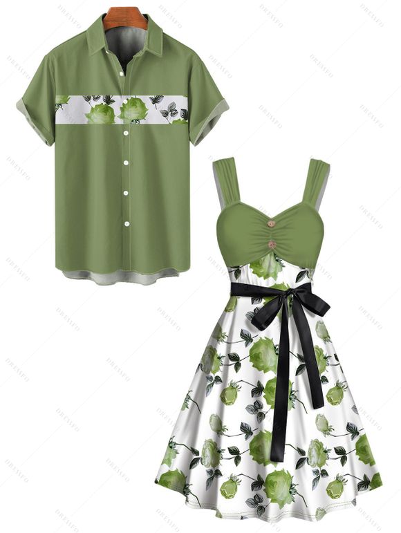 Vacation Couple Outfit Rose Leaf Pattern Mock Button Ruched Bust Empire Waist Belt A Line Mini Dress and Roll Up Sleeve Shirt Matching Outfit - Vert clair S | US 4