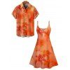 Vacation Couple Outfit Ombre Hibiscus Floral Print Spaghetti Strap V Neck A Line Mini Tank Dress and Roll Up Sleeve Shirt Matching Outfit - ORANGE S | US 4