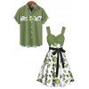 Vacation Couple Outfit Rose Leaf Pattern Mock Button Ruched Bust Empire Waist Belt A Line Mini Dress and Roll Up Sleeve Shirt Matching Outfit - Vert clair S | US 4