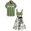 Vacation Couple Outfit Rose Leaf Pattern Mock Button Ruched Bust Empire Waist Belt A Line Mini Dress and Roll Up Sleeve Shirt Matching Outfit - Vert clair S | US 4