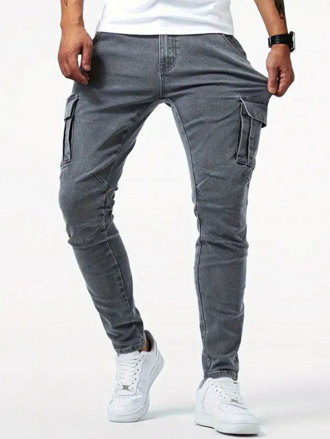Jean skinny à poches latérales et fermeture éclair pour homme, pantalon cargo long