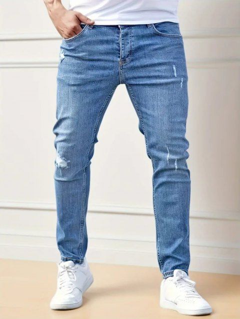 Men's Scratched Zipper Up Skinny Jeans Ripped Pocket Jeans